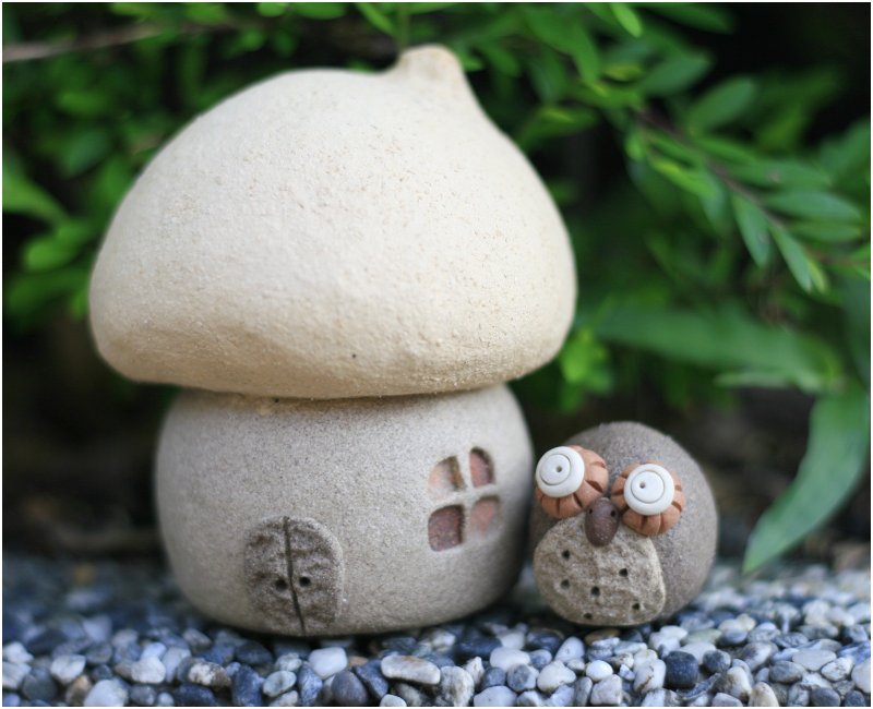 【蘑菇村】超可爱陶手作蘑菇屋D (岩石黄色+米色),不含猫头鹰 - 花瓶/陶器 - 其他材质