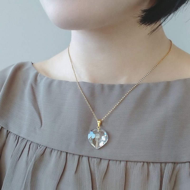天然白水晶 大爱心切割 纯银镀 18K 金坠 + 14Kgf 包金链 18mm - 项链 - 水晶 白色