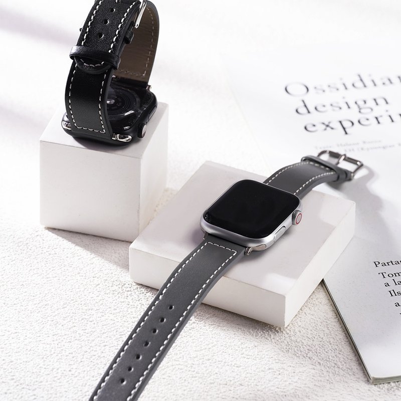 Apple watch - 【沉稳百搭黑灰色系】车线真皮苹果表带 - 表带 - 真皮 黑色