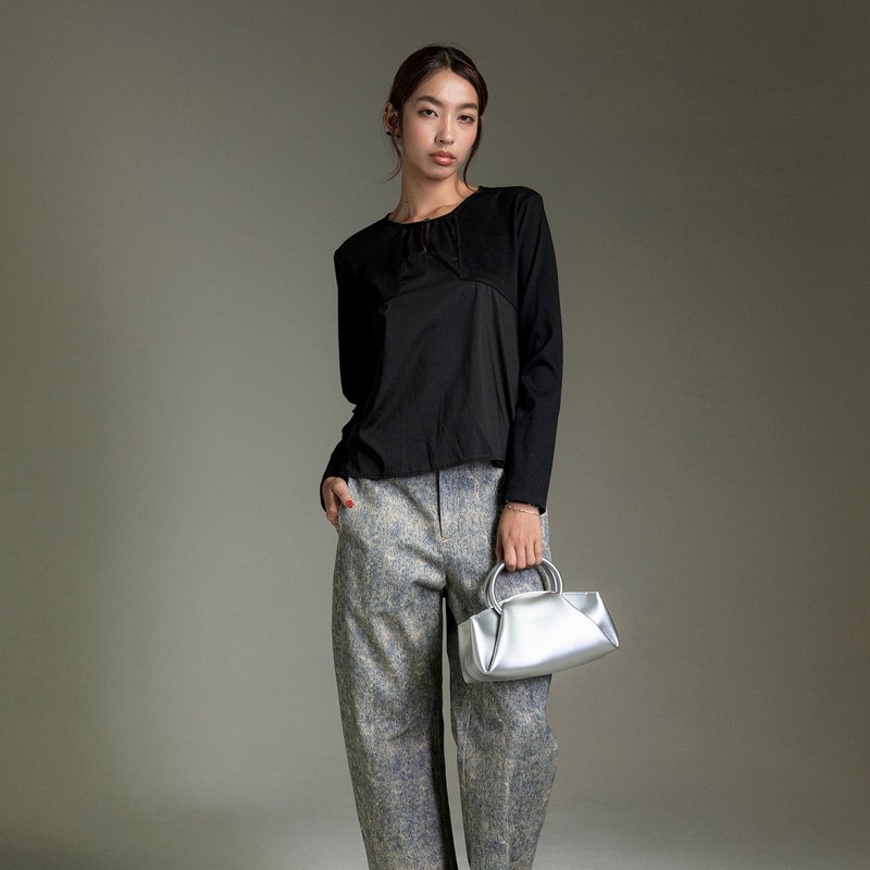 几何拼接装饰扣针织上衣 - 女装针织衫/毛衣 - 棉.麻 黑色