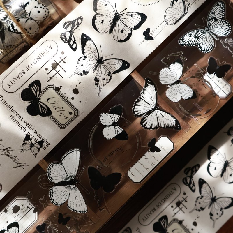 壹洱原創新品切模【蝶棲】復古黑白蝴蝶手帳貼紙pet和紙膠帶 - 纸胶带 - 其他材质 黑色