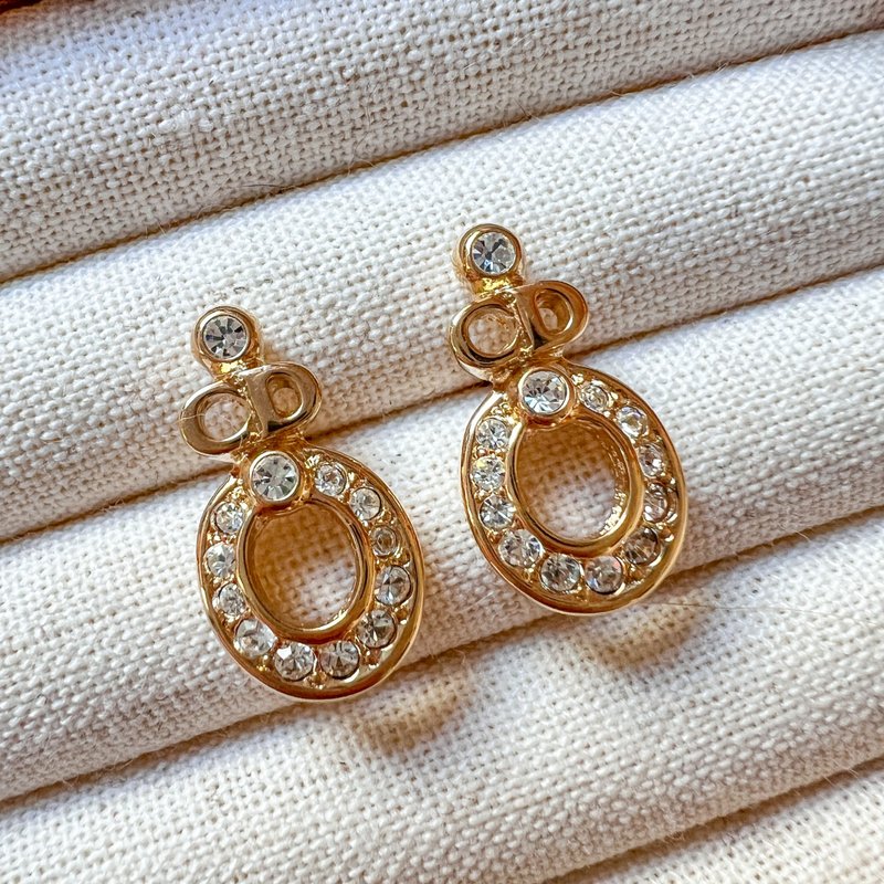 【日本中古】Vintage Dior 90-00年代 CD水钻椭圆形耳针耳环 - 耳环/耳夹 - 其他金属 金色