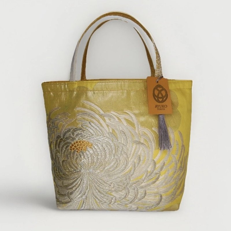独一无二真丝和服带托特包, 手工刺绣环保改造日本手袋 - 手提包/手提袋 - 丝.绢 黄色