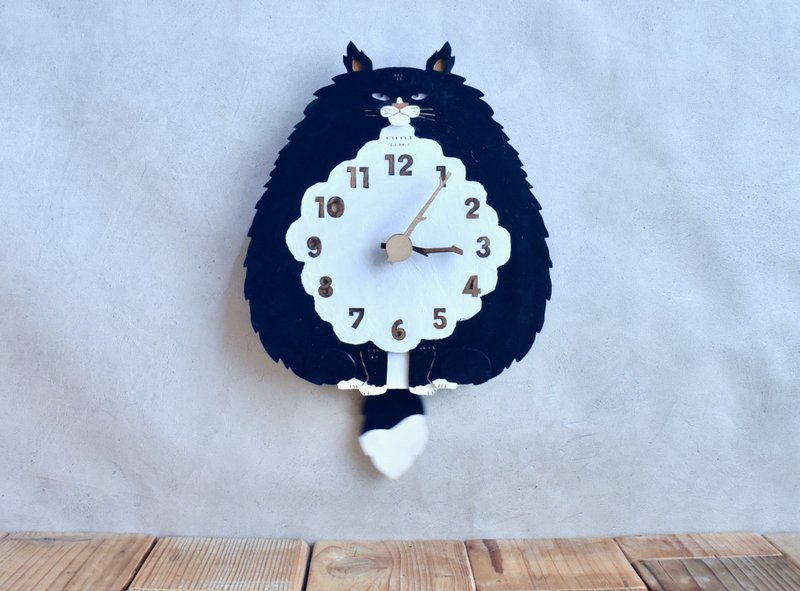 ハチワレ猫・長毛・レギュラーサイズの時計 木製 振り子時計 掛け時計 - 时钟/闹钟 - 木头 黑色