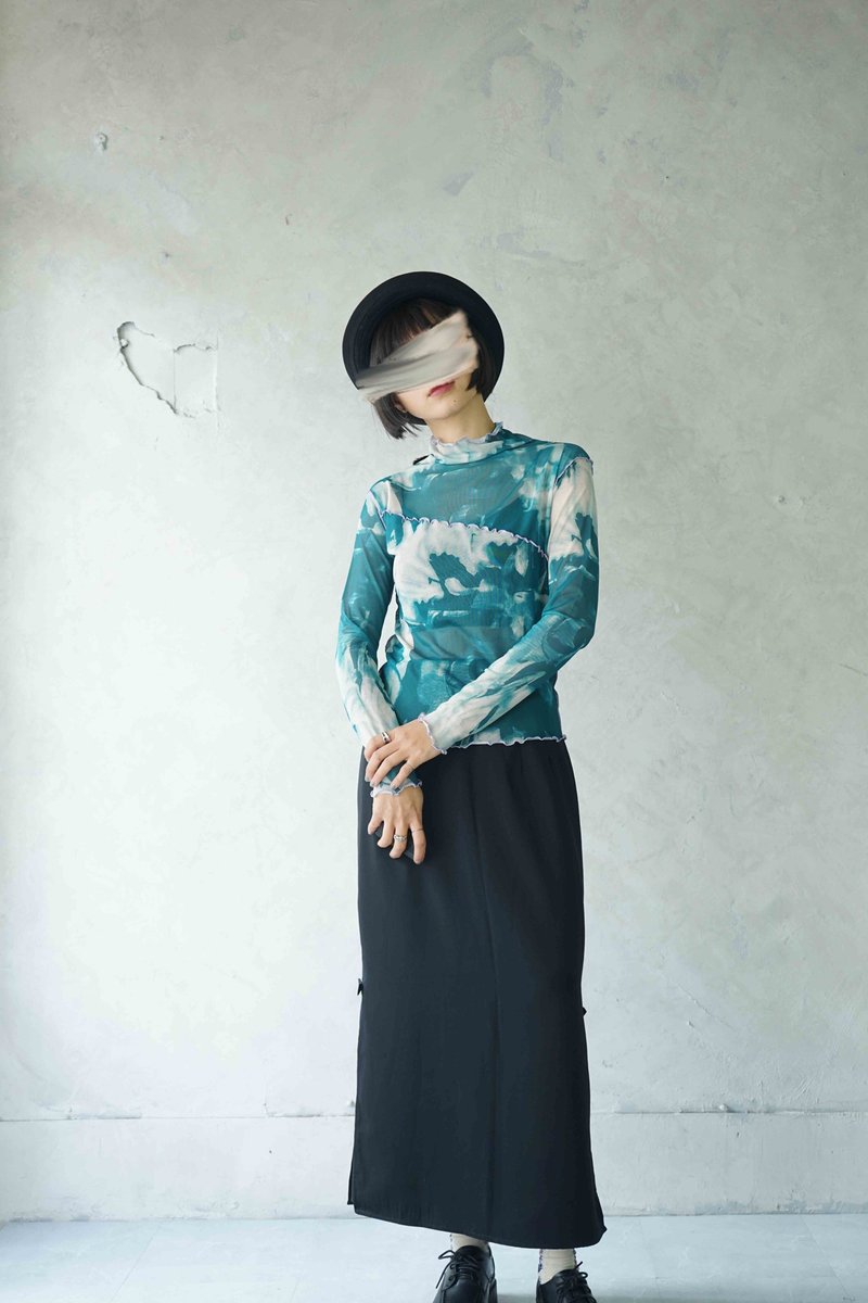 寻宝古着-蓝绿晕染透肤网纱高领内搭上衣 - 女装上衣 - 聚酯纤维 蓝色