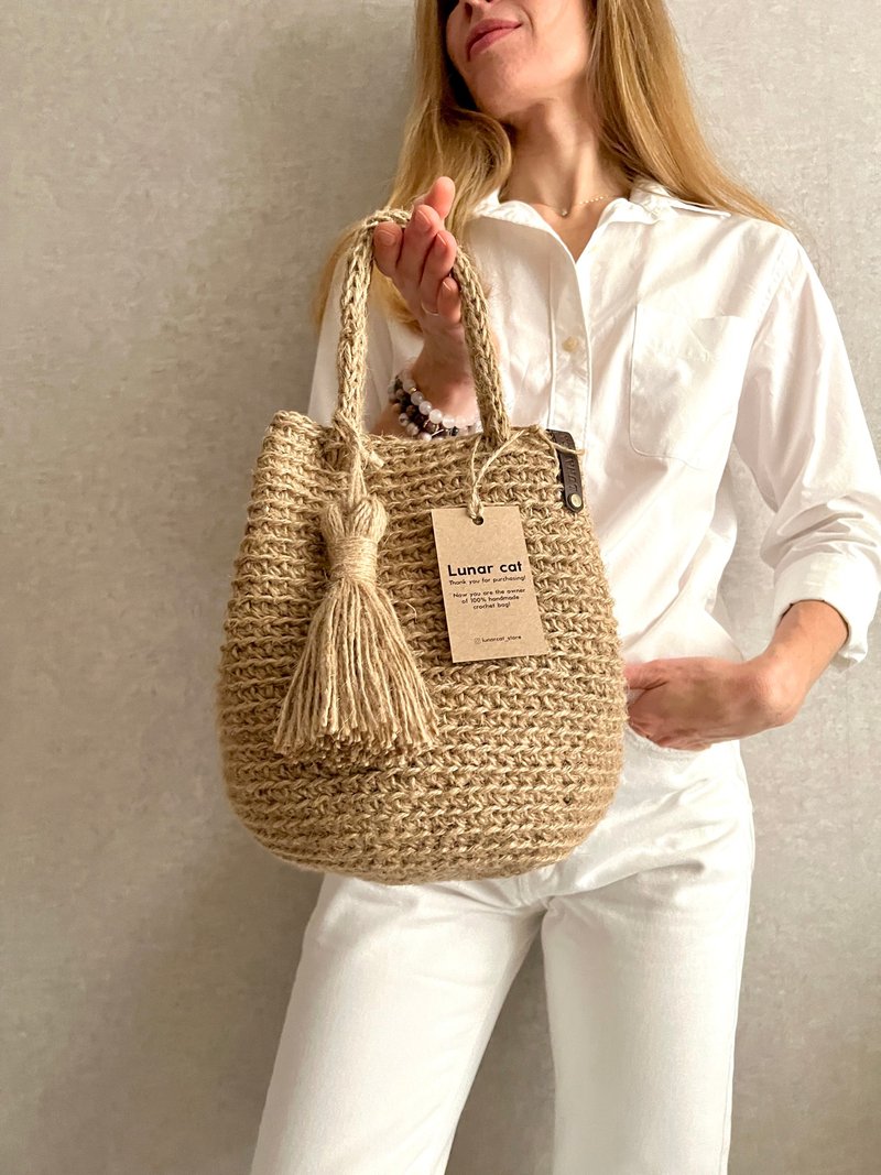 Crochet Round Jute Bag  size, Crochet Jute Handbag, Reusable Bag - 手提包/手提袋 - 环保材料 多色