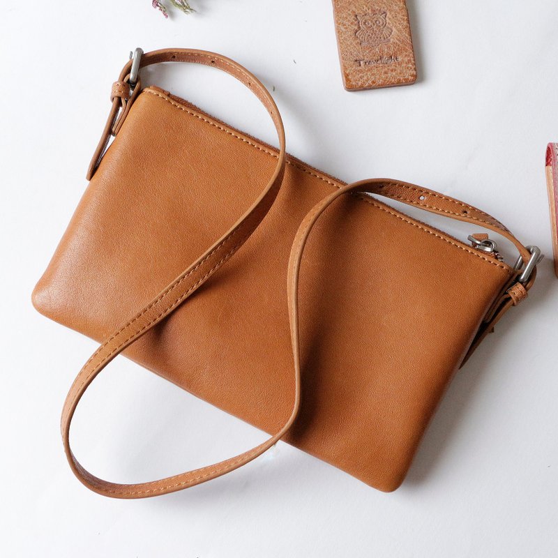 轻便真皮斜挎包单肩包 2WAY 包 男女通用 可装长款钱包 - 侧背包/斜挎包 - 真皮 橘色