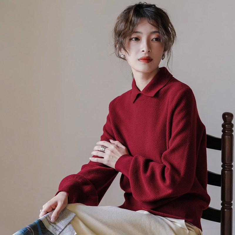 华夫格针织翻领泡泡袖毛衣|毛衣|秋冬款|羊毛|Sora-1051 - 女装针织衫/毛衣 - 羊毛 多色