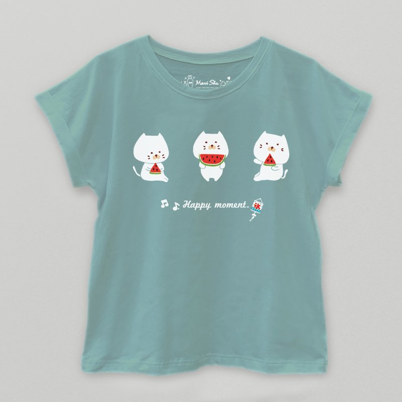 包子猫吃西瓜T-shirt - 女装 T 恤 - 棉.麻 绿色