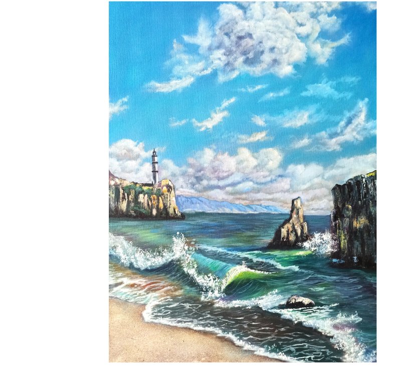 海景原创油画画布 70x50cm 灯塔海边艺术品 - 海报/装饰画/版画 - 其他材质 多色