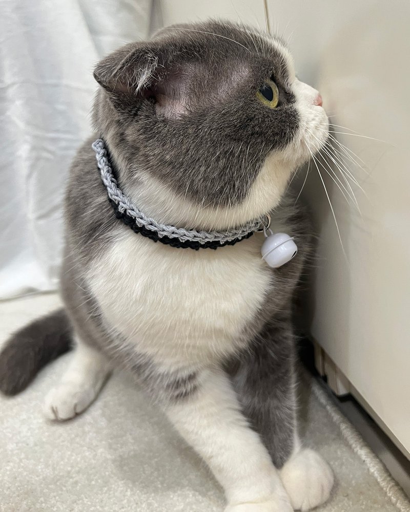 【铃铛+安全扣】纯棉拚色猫项圈-黑+灰 手作/安全项圈/纯棉 - 项圈/牵绳 - 棉.麻