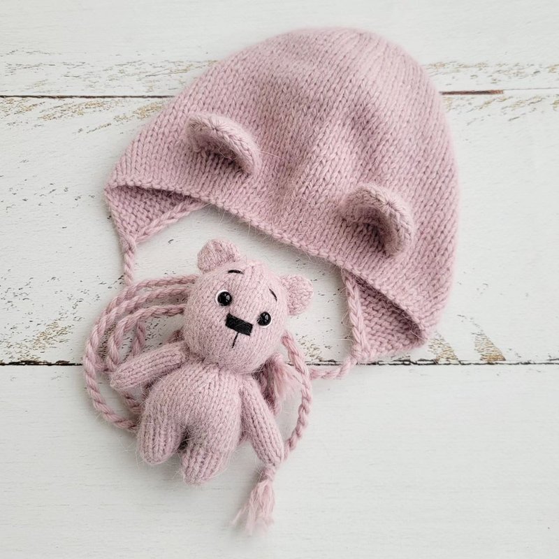 新生儿淡粉红熊帽和绒毛玩具,针织婴儿拍照道具 - 婴儿饰品 - 羊毛 粉红色