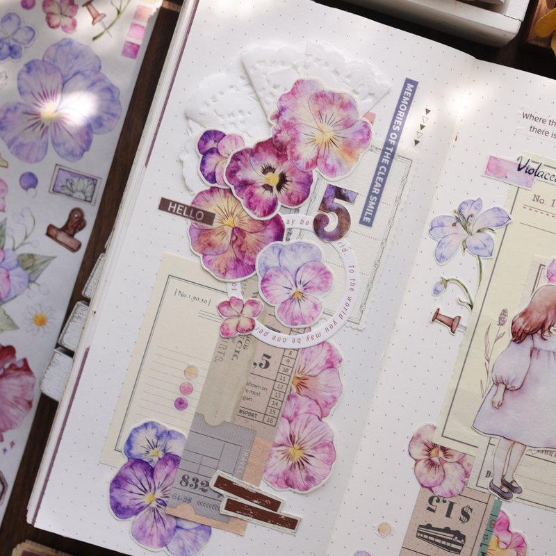 三色堇 复古清新花卉 PET 和纸胶带 長循環 - 纸胶带 - 纸 多色