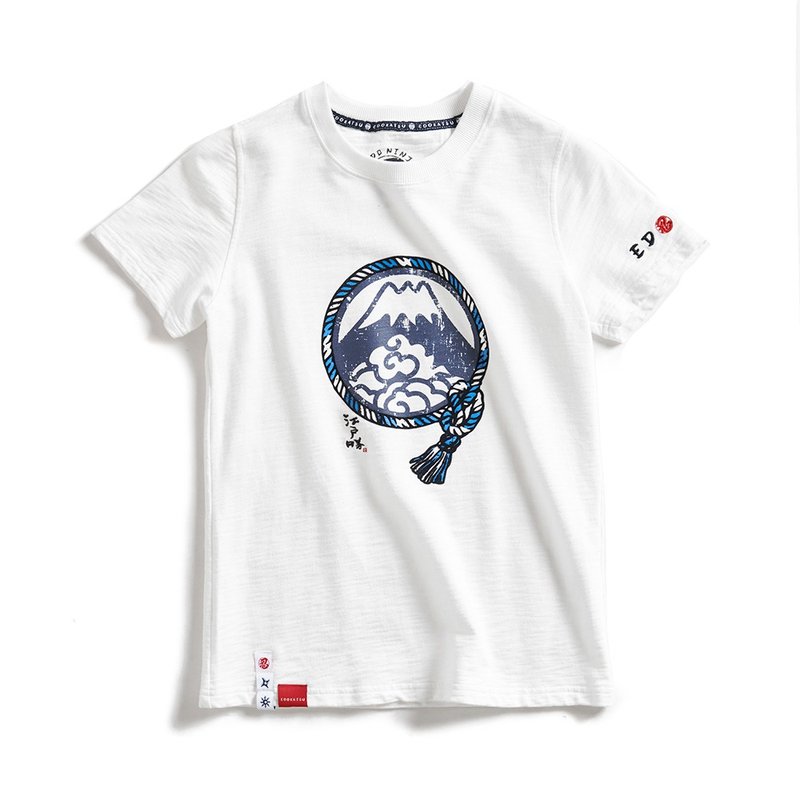 江户胜 日系 女装 忍者系列 注连绳LOGO印花短袖T恤(米白色)#上衣 - 女装 T 恤 - 棉.麻 蓝色