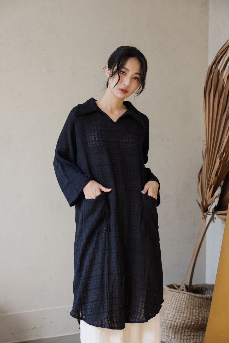 后开衩口袋长版外罩_黑色格纹 - 女装休闲/机能外套 - 棉.麻 黑色