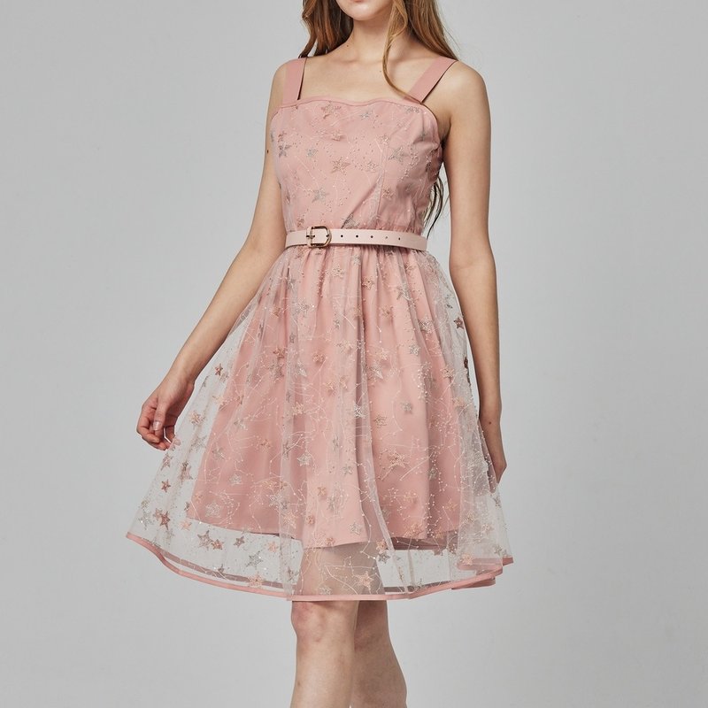 温柔星空绣花短洋装   粉 - 洋装/连衣裙 - 聚酯纤维 粉红色
