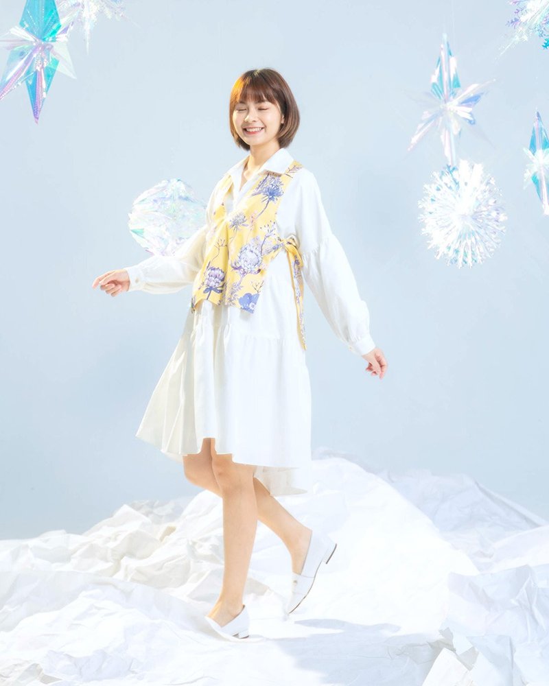 【波丽印花】造型绑带背心+奶油蛋糕小洋装 SET - 洋装/连衣裙 - 棉.麻 黄色