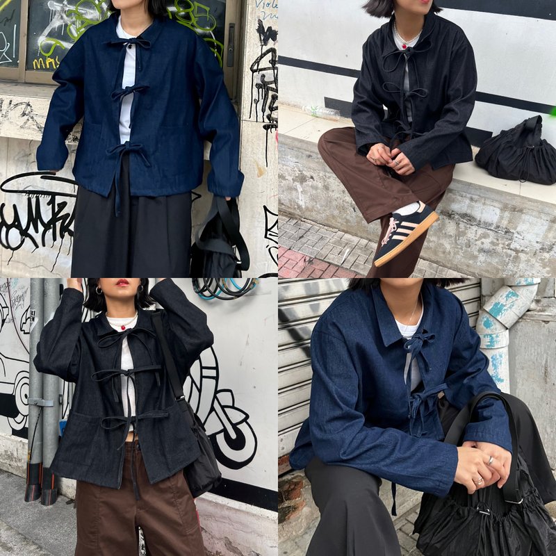 Ribbon Jacket 绑带设计牛仔外套 - 女装休闲/机能外套 - 其他材质 黑色