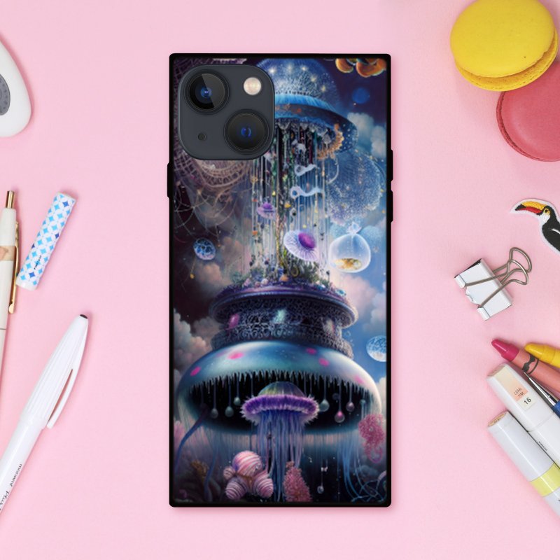 奇幻闪耀的梦幻水母 UFO 方形手机壳【强化玻璃处理】支持 iPhone16 - 手机壳/手机套 - 塑料 多色