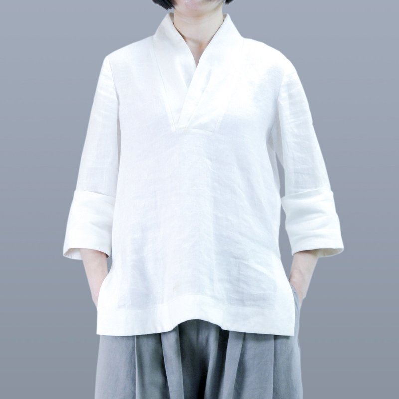 领巾衫 亚麻 | 白色 - 女装上衣 - 棉.麻 白色