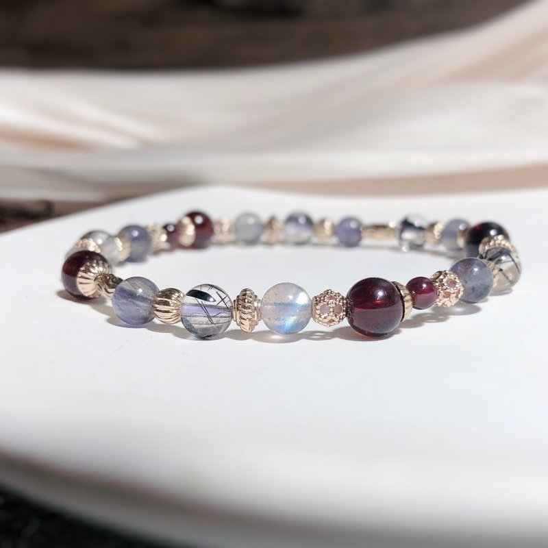 石榴石、黑发晶、堇青石、拉长石 天然石手链 - 手链/手环 - 水晶