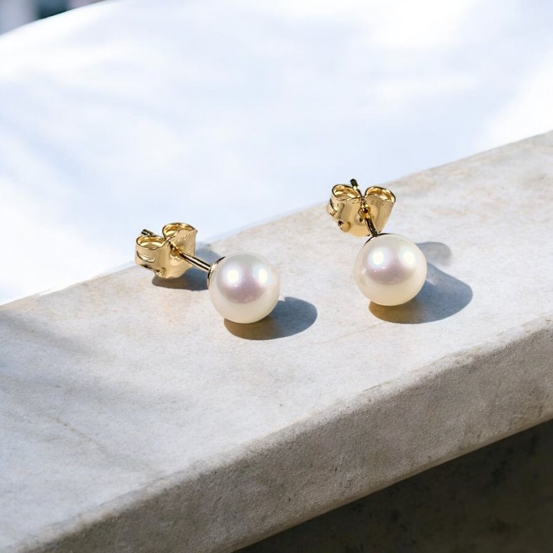 淡水珍珠耳钉耳环 | 白色圆珍珠 | 14KGF | 925纯银 - 耳环/耳夹 - 珍珠 白色
