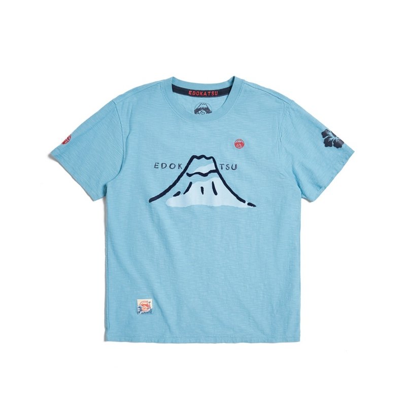 江户胜 日系 男装 经典富士山字体短袖T恤(土耳其蓝) #上衣 - 男装上衣/T 恤 - 棉.麻 蓝色