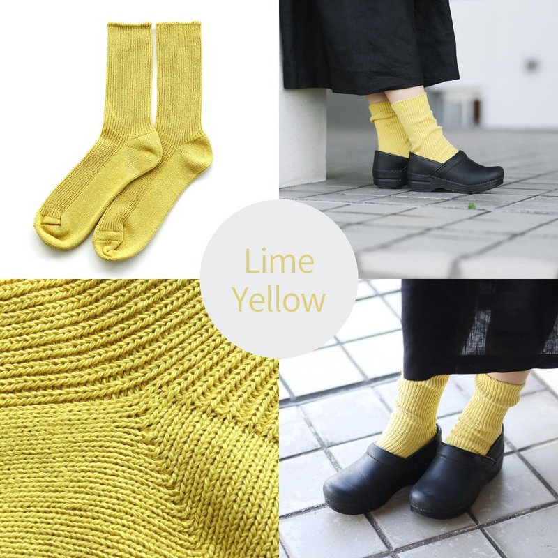 舒适天然素材 厚磅罗纹袜 永续回收棉袜款 (莱姆黄) - 袜子 - 棉.麻 黄色