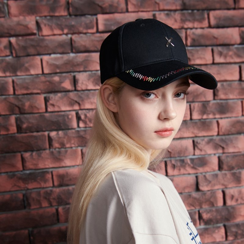 渐变彩线弯檐长带帽 - 帽子 - 棉.麻 黑色