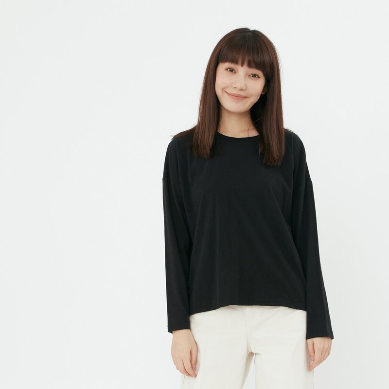 素面長袖落肩蜜桃棉女T/黑色 - 女装 T 恤 - 棉.麻 黑色