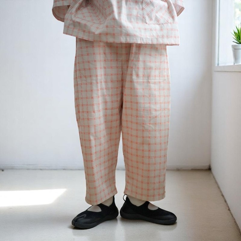 橘子松饼格纹有机棉宽裤 - 女装长裤 - 棉.麻 白色