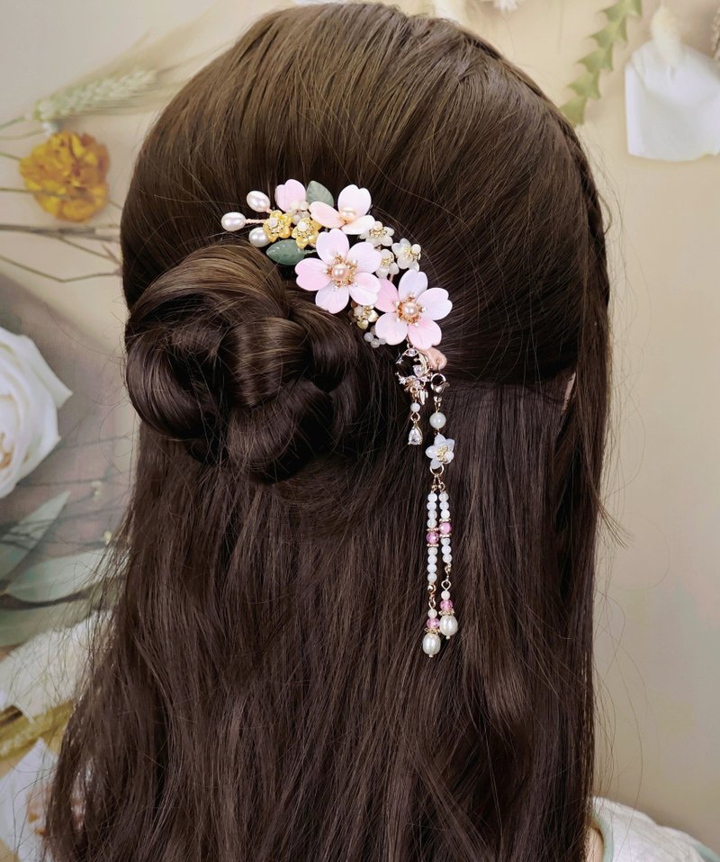 柠檬手作发饰 天然女皇贝绯寒樱发钗/发夹  (流苏可拆) - 发饰 - 贝壳 粉红色