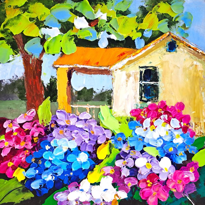 Hydrangea Painting Kentucky Original Art Landscape Impasto Oil Painting Floral - 海报/装饰画/版画 - 其他材质 多色