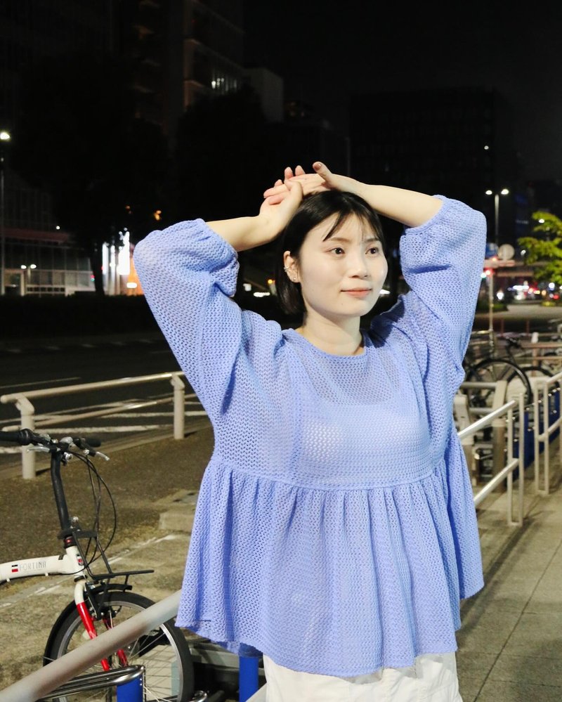 漫行 - 圆领蓬袖短上衣(长袖) - 女装上衣 - 聚酯纤维 蓝色