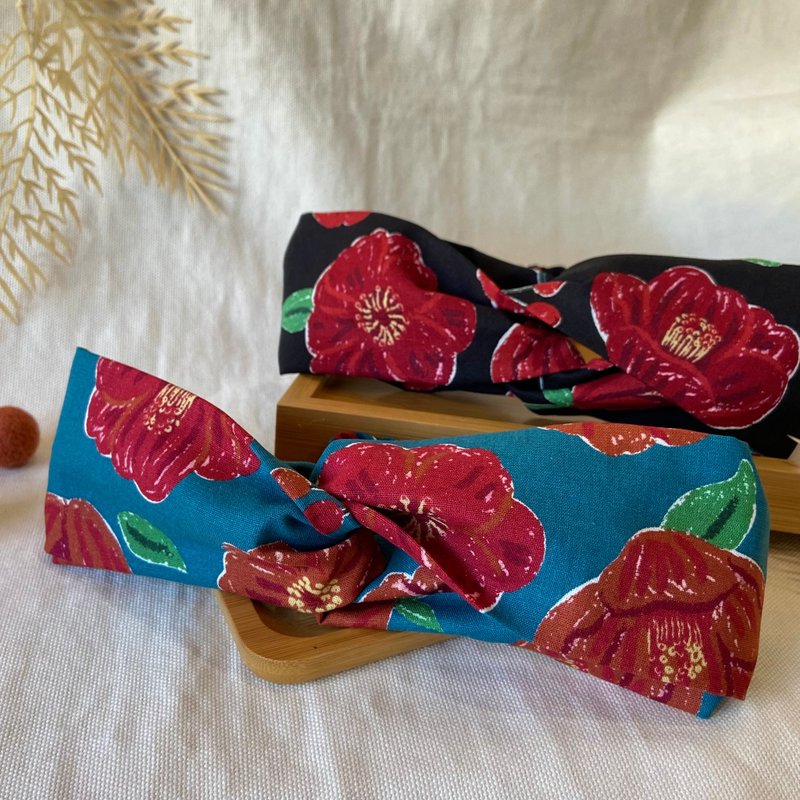 发带/交叉发带/蜡笔山茶花-湖蓝/黑 - 发带/发箍 - 棉.麻 多色