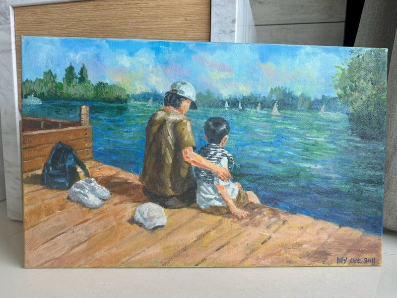 湖畔时光 - 亲子写实油画 手绘原作 温馨风景画 - 海报/装饰画/版画 - 棉.麻