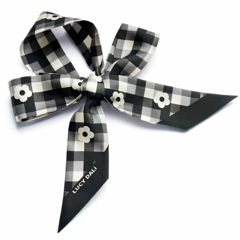 100%桑蚕丝真丝窄领巾/丝巾/飘带/包柄带/发带::格纹花卉 - 丝巾 - 丝.绢 黑色