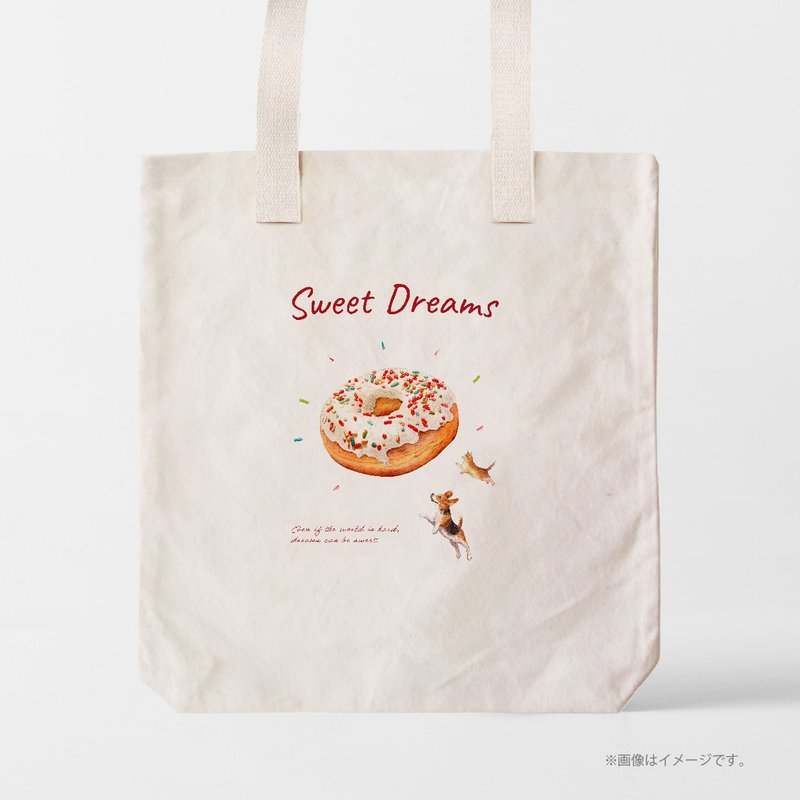 SWEET DREAMS — 猫狗与甜甜圈 / 可收纳 A3 尺寸的托特包 - 手提包/手提袋 - 棉.麻 白色