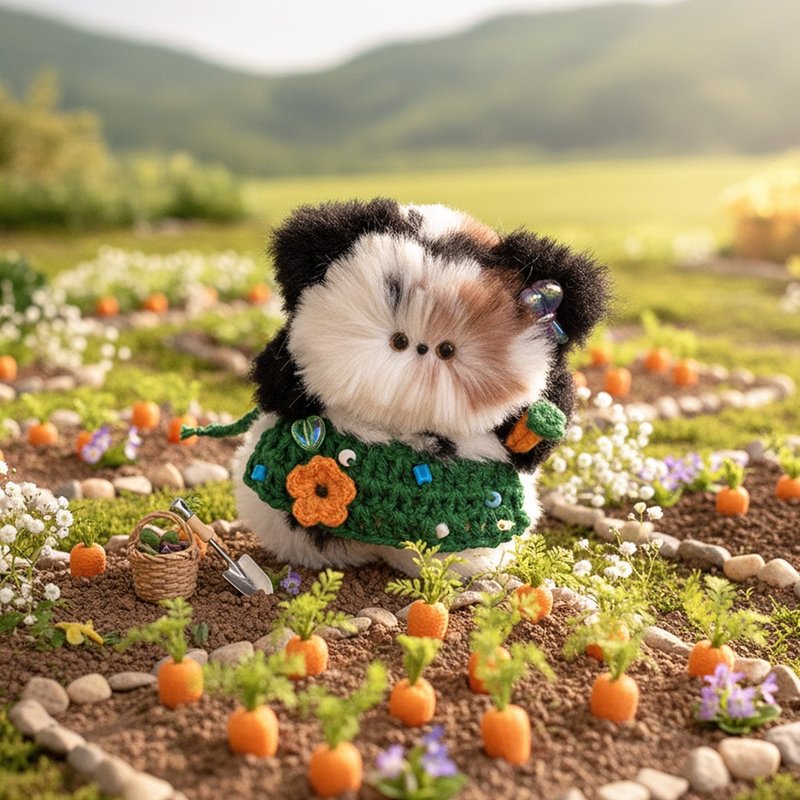 三花猫钥匙圈 (附胡萝卜帽与花朵围兜) – 可爱钩针猫咪玩偶 - 钥匙链/钥匙包 - 其他材质 橘色