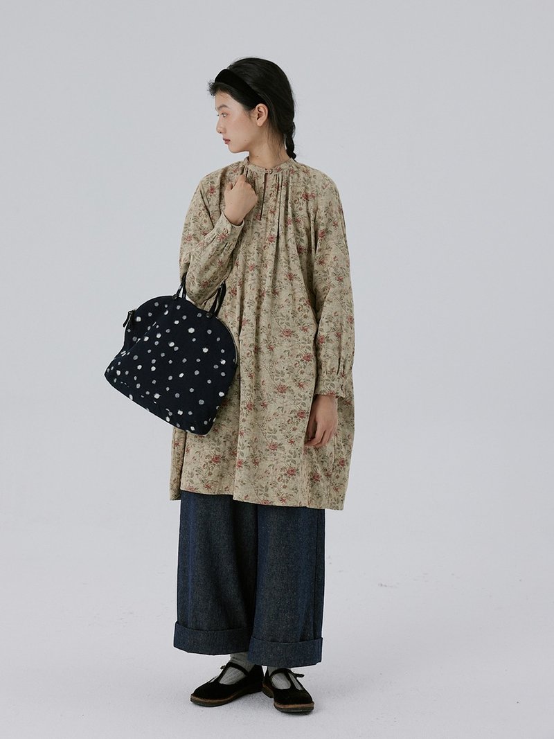 长衬衫复古印花小玫瑰 洋装 - 洋装/连衣裙 - 棉.麻 蓝色