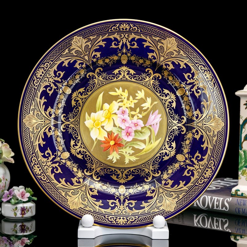英国制Caverswall 四季奢华手绘花卉盘 钴蓝灿厚金骨瓷装饰盘 - 墙贴/壁贴 - 瓷