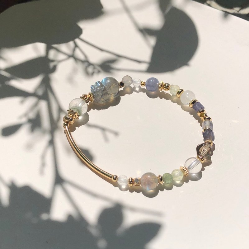 轻烟 | 拉长石绿幽灵貔貅手链 弹性链 绿幽灵手链 - 手链/手环 - 宝石 灰色