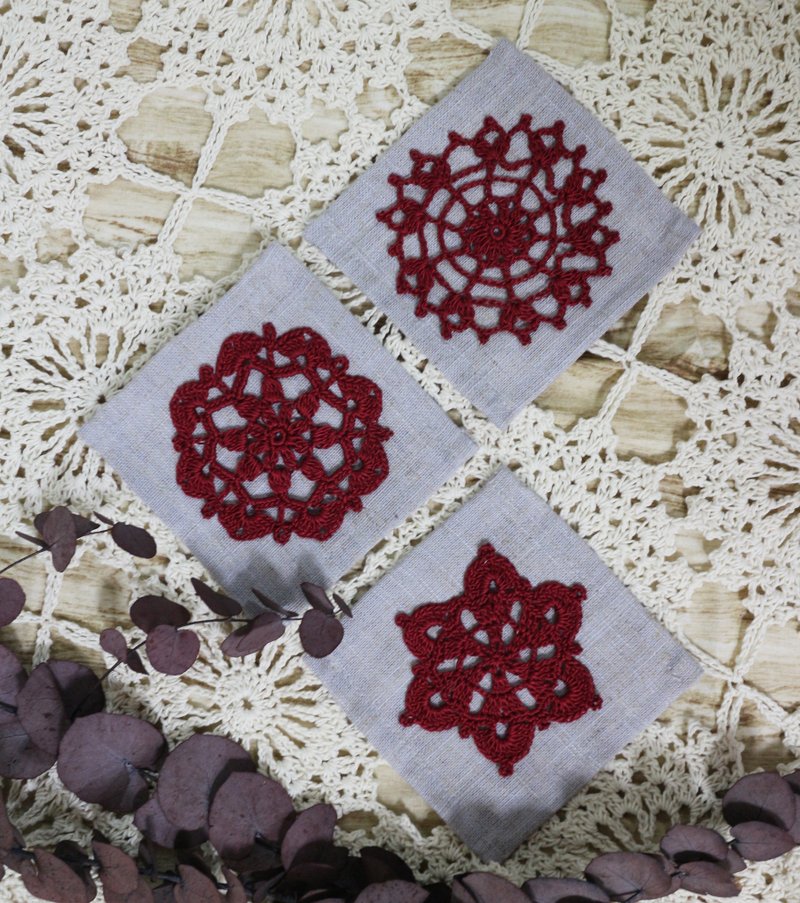 Handmade手作-下午茶-蕾丝杯垫系列-灰蓝酒红 - 杯垫 - 棉.麻 灰色