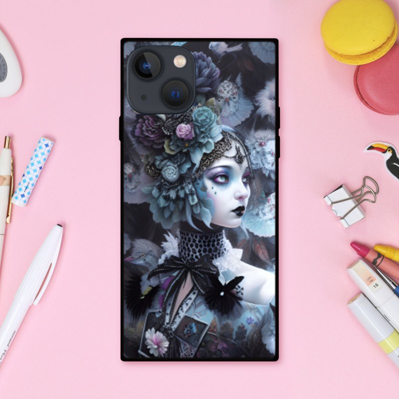 暗黑歌德风神秘华丽女巫与花朵 方形手机壳【强化玻璃处理】适用于 iPhone16 - 手机壳/手机套 - 塑料 多色
