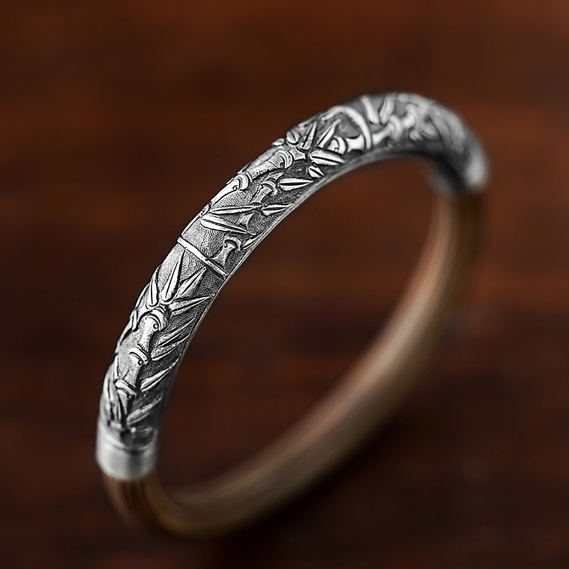 竹报平安足银篆刻风藤手镯 未时天然木镯子明清民族风手工艺女款 - 手链/手环 - 木头