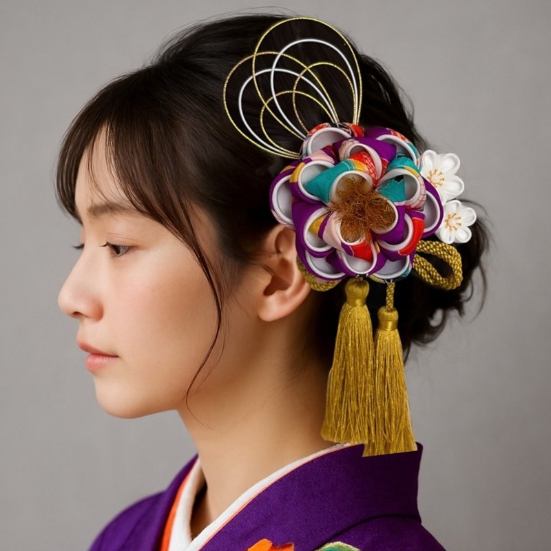 古董和服椿花手工发饰套组 – 独特优雅 - 发饰 - 丝.绢 紫色