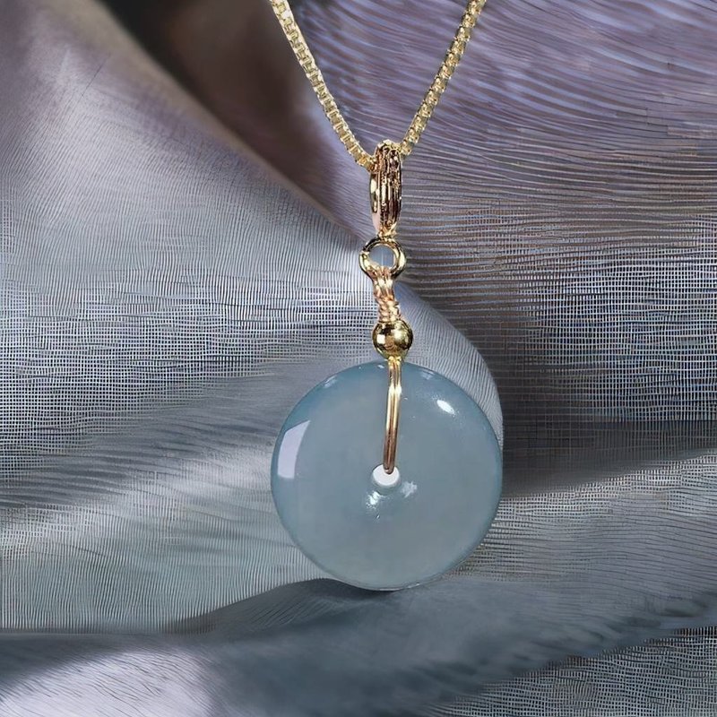 【愿·平安】冰蓝水翡翠平安扣项链 14K包金 | 天然A货翡翠 |送礼 - 项链 - 玉石 蓝色