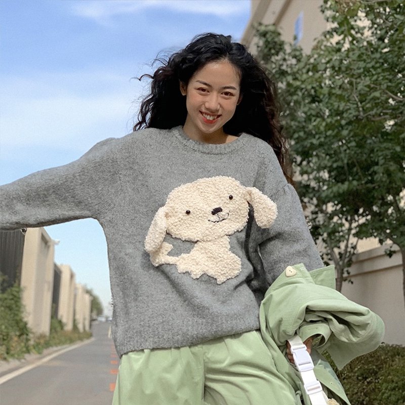 小白狗子 复古感毛衣 加厚 圆领 套头上衣 - 女装针织衫/毛衣 - 其他人造纤维 灰色