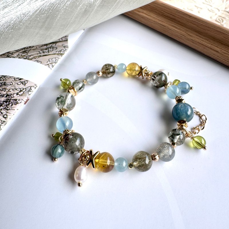 蓝绿晶 绿幽灵 海水蓝宝 金珀 绿发晶 招财助事业迎贵人 - 手链/手环 - 水晶