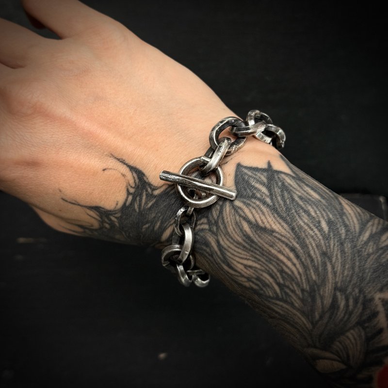 925纯银全手工粗矿手链 做旧 染黑 复古 男士首饰 - 手链/手环 - 纯银 银色
